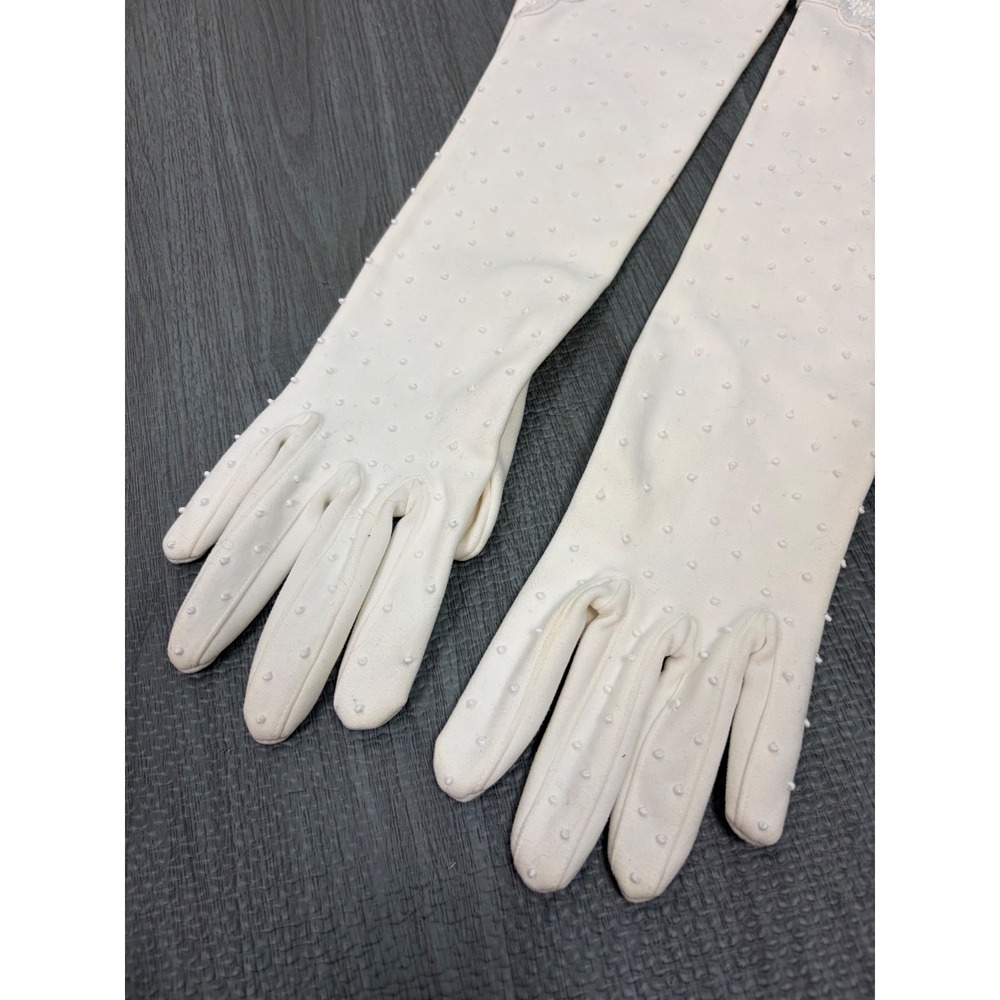 Invicta Opera Gloves 6.5 White Vintage Beaded Cotton Mid Century Formal Wedding - Picture 2 of 13